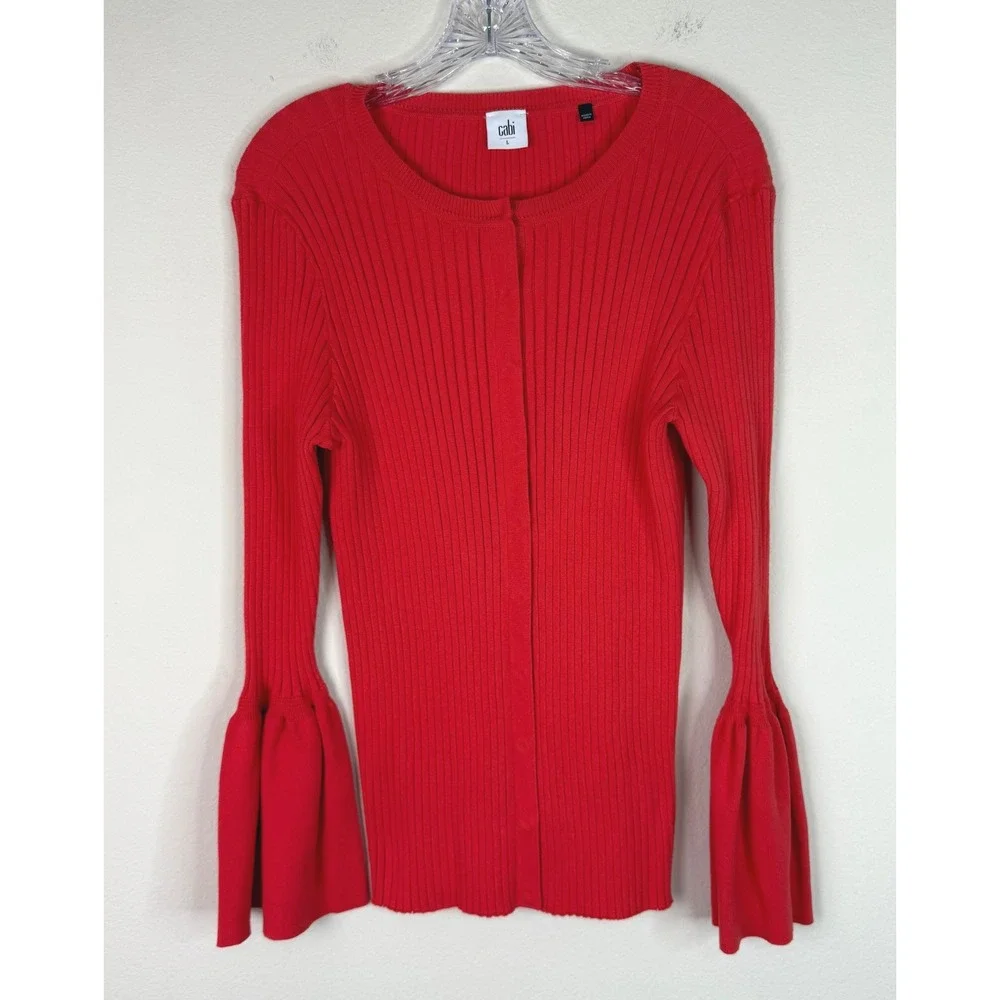 Cabi Cardigan Women Large Red Ribbed Bell Sleeve Button Front Sweater 5285
